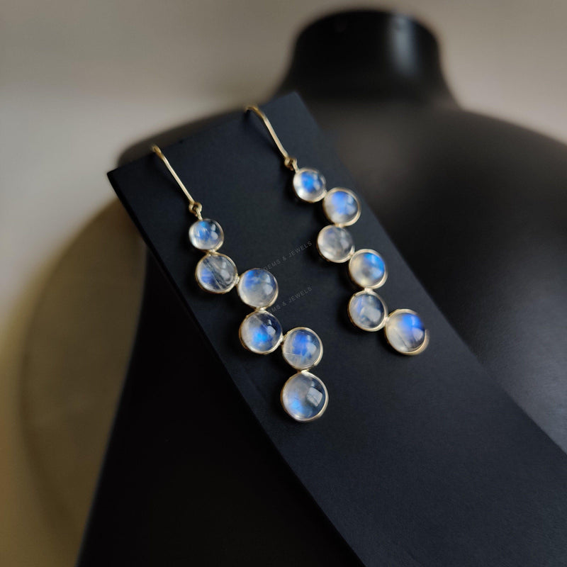 14K Solid Yellow Gold Natural Rainbow Moonstone Bezel Earrings, June Birthstone