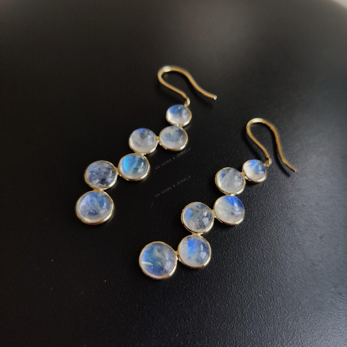 14K Solid Yellow Gold Natural Rainbow Moonstone Bezel Earrings, June Birthstone