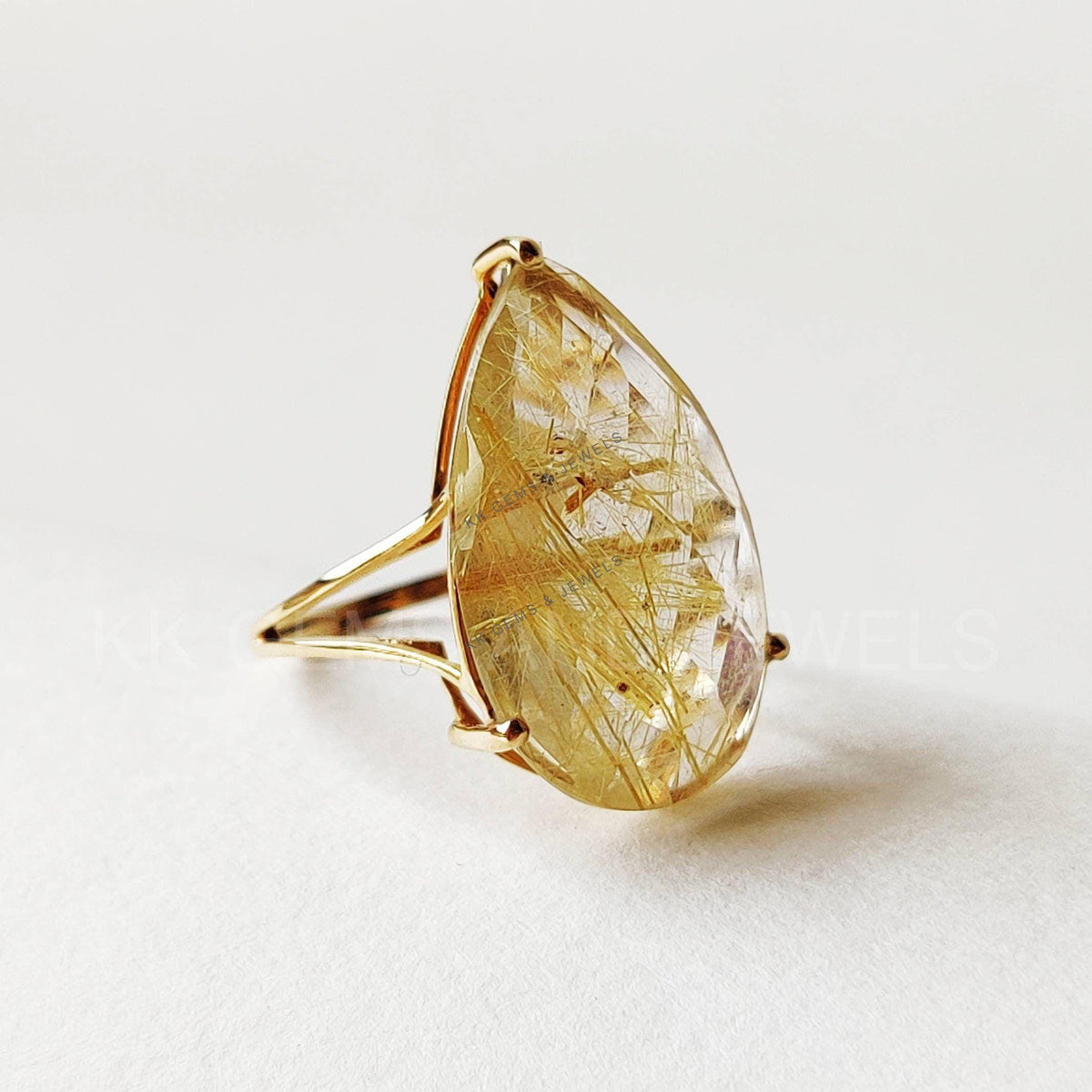 Pear Natural Golden Rutile 14K Solid Yellow Gold Ring, Golden Rutile Jewelry