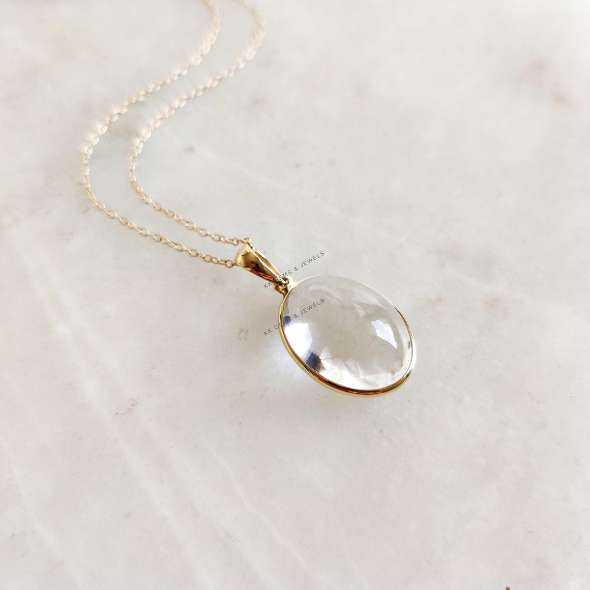 14K Solid Yellow Gold Natural Clear Quartz Bezel Pendant, April Birthstone
