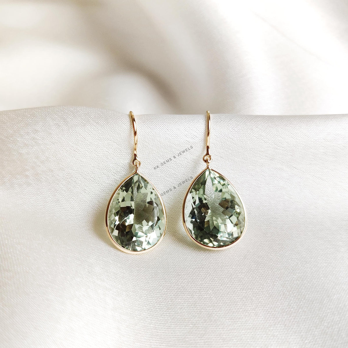 Pear Cut Natural Green Amethyst Earrings, 14K Solid Yellow Gold, February Birthstone