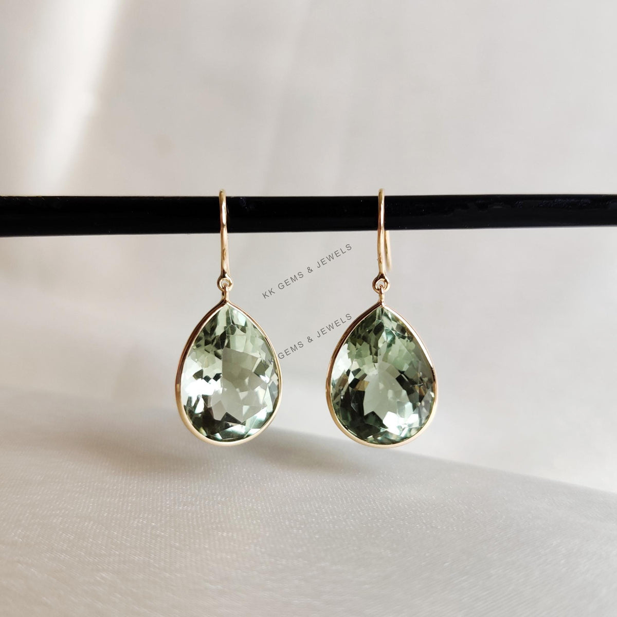 Pear Cut Natural Green Amethyst Earrings, 14K Solid Yellow Gold, February Birthstone