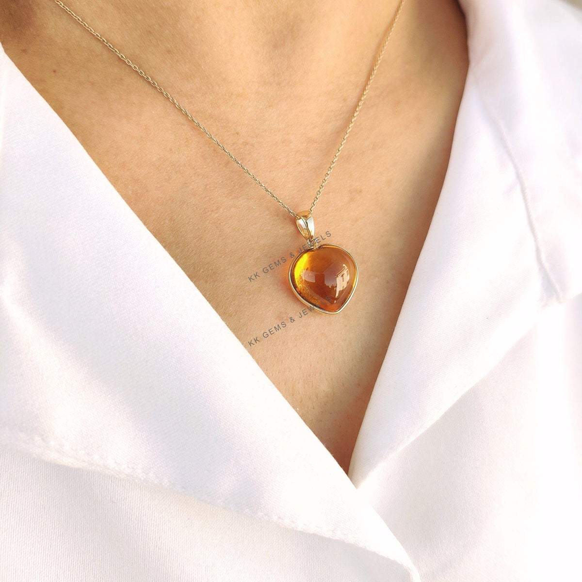 14K Solid Yellow Gold Natural Citrine Heart Pendant: November Birthstone Jewelry