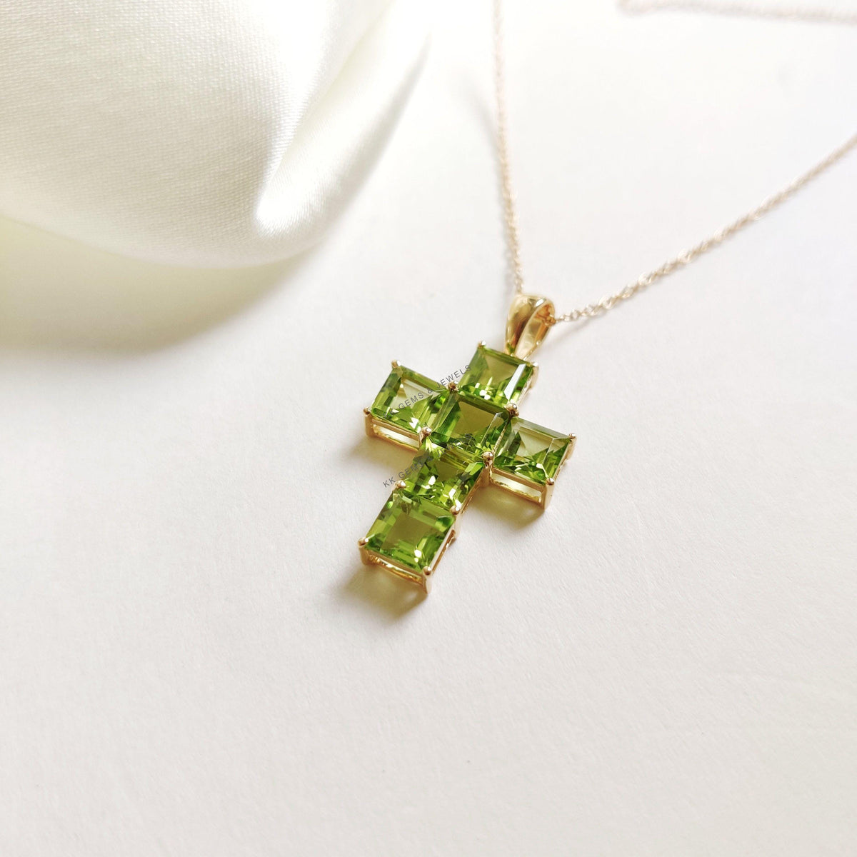 14K Solid Yellow Gold Natural Peridot Cross Pendant, August Birthstone, Christmas Present