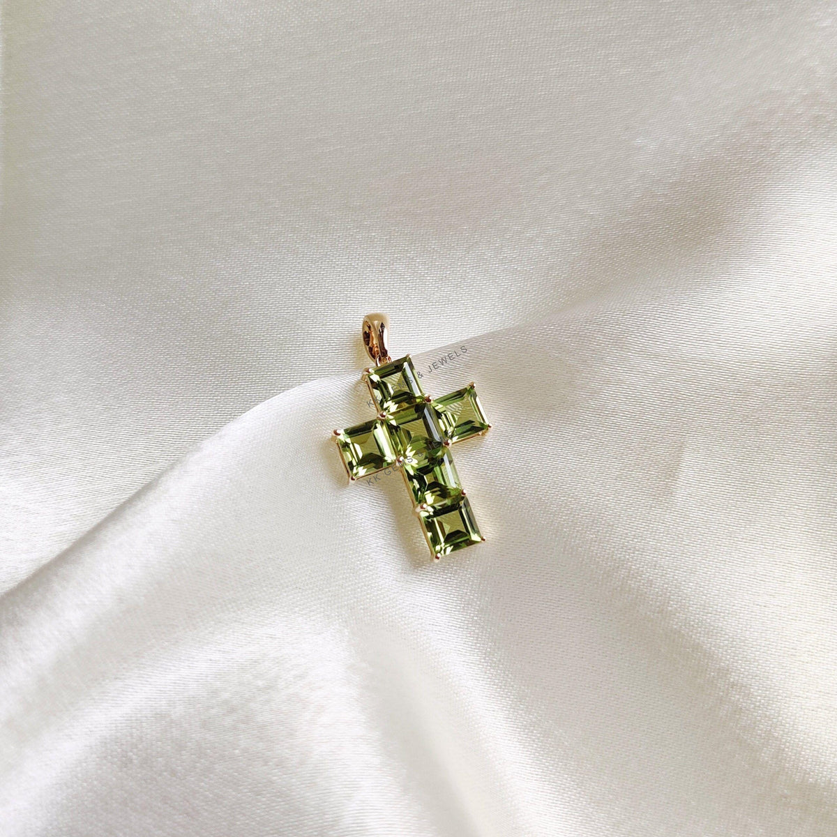 14K Solid Yellow Gold Natural Peridot Cross Pendant, August Birthstone, Christmas Present