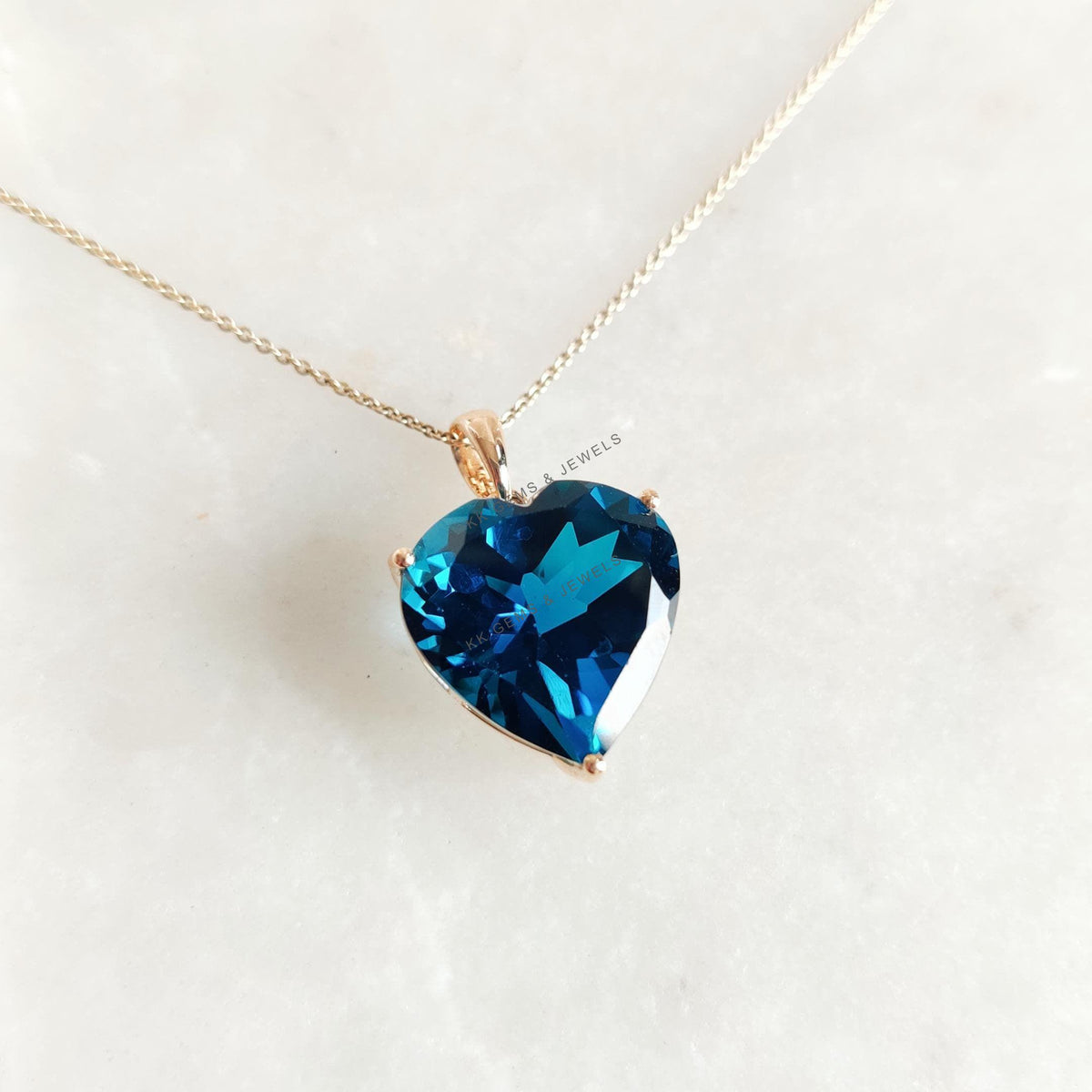14K Solid Gold Natural London Blue Topaz Heart Pendant - December Birthstone