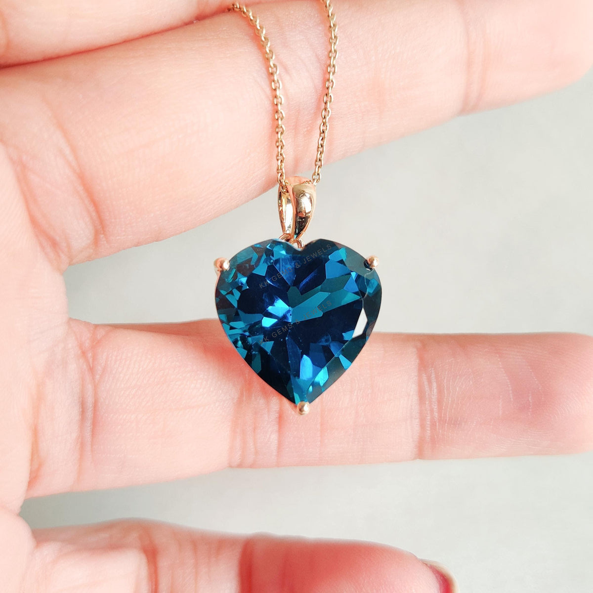 14K Solid Gold Natural London Blue Topaz Heart Pendant - December Birthstone