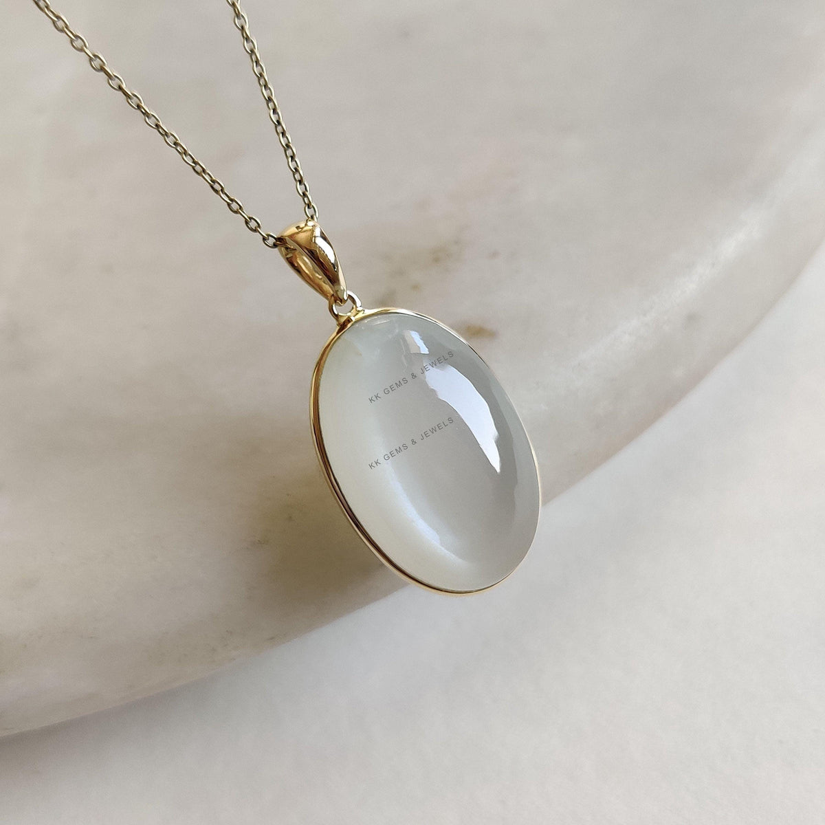 14K Solid Yellow Gold Oval Natural White Moonstone Pendant, June Birthstone