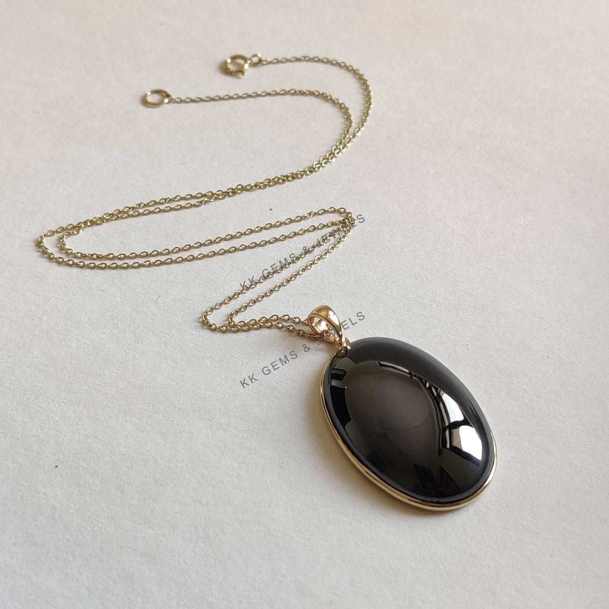 14K Solid Gold Oval Natural Hematite Pendant, Bezel Set, Christmas Present