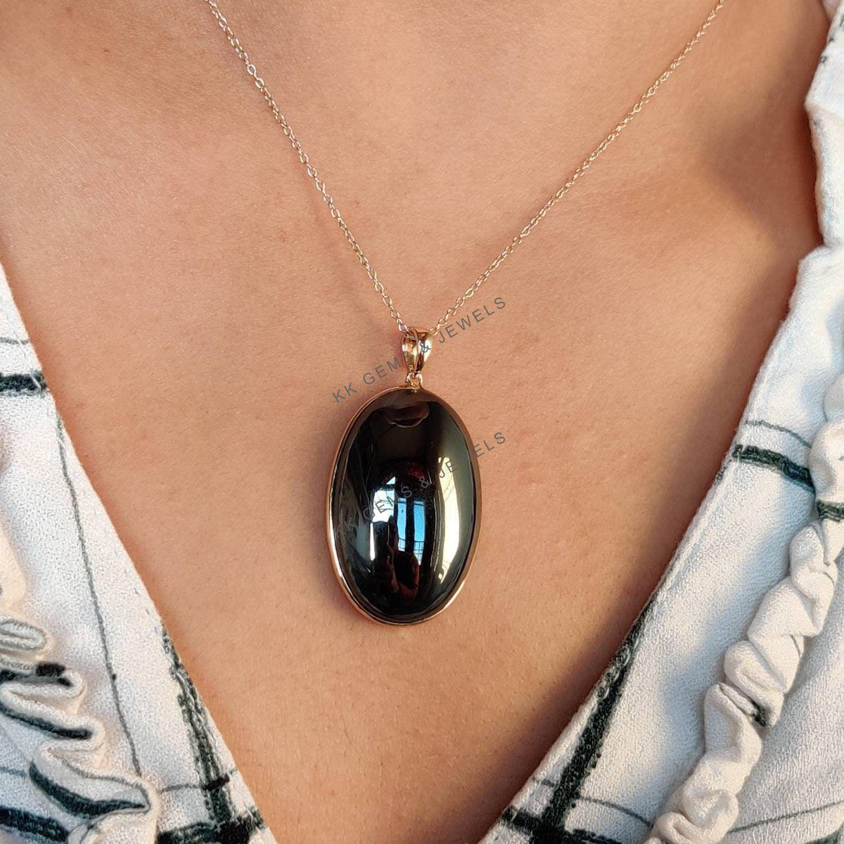14K Solid Gold Oval Natural Hematite Pendant, Bezel Set, Christmas Present