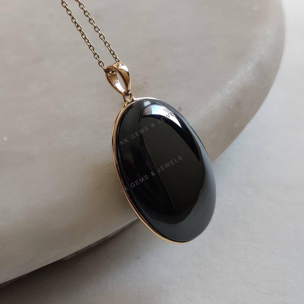 14K Solid Gold Oval Natural Hematite Pendant, Bezel Set, Christmas Present
