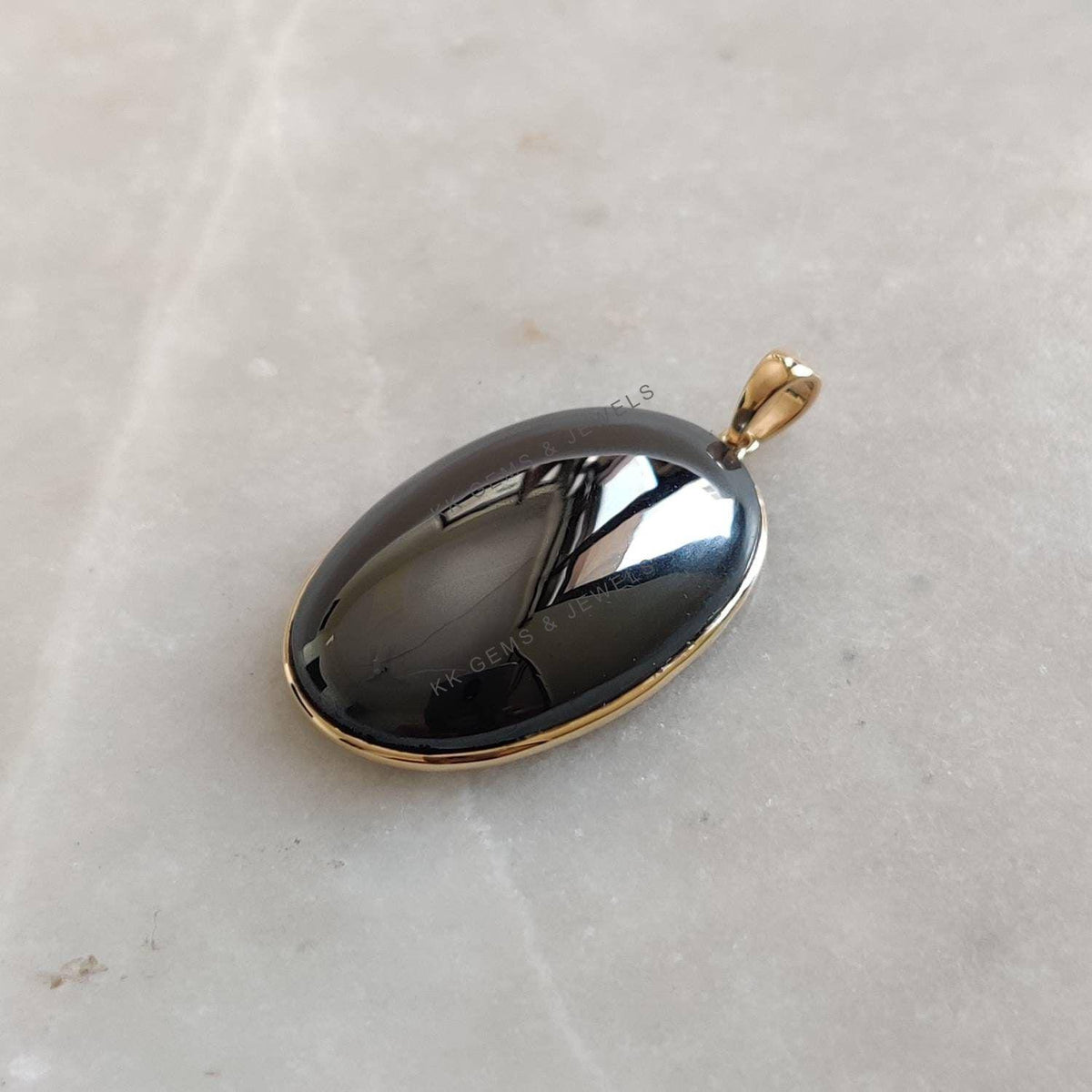 14K Solid Gold Oval Natural Hematite Pendant, Bezel Set, Christmas Present