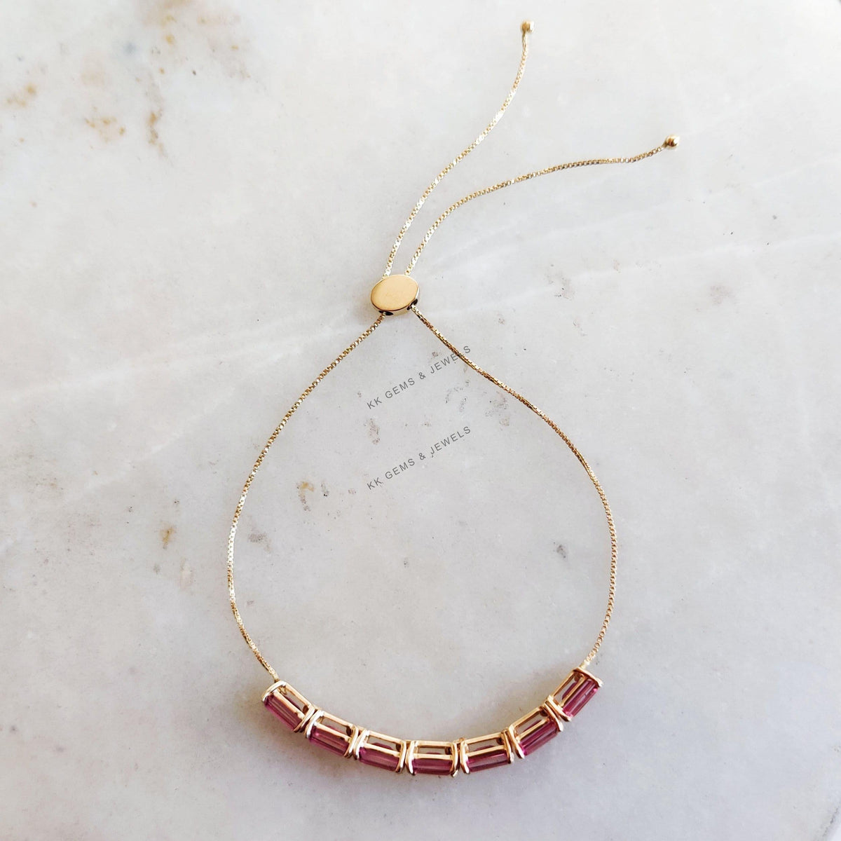 14K Solid Gold Natural Pink Topaz Bolo Chain Bracelet, Octagon Bracelet