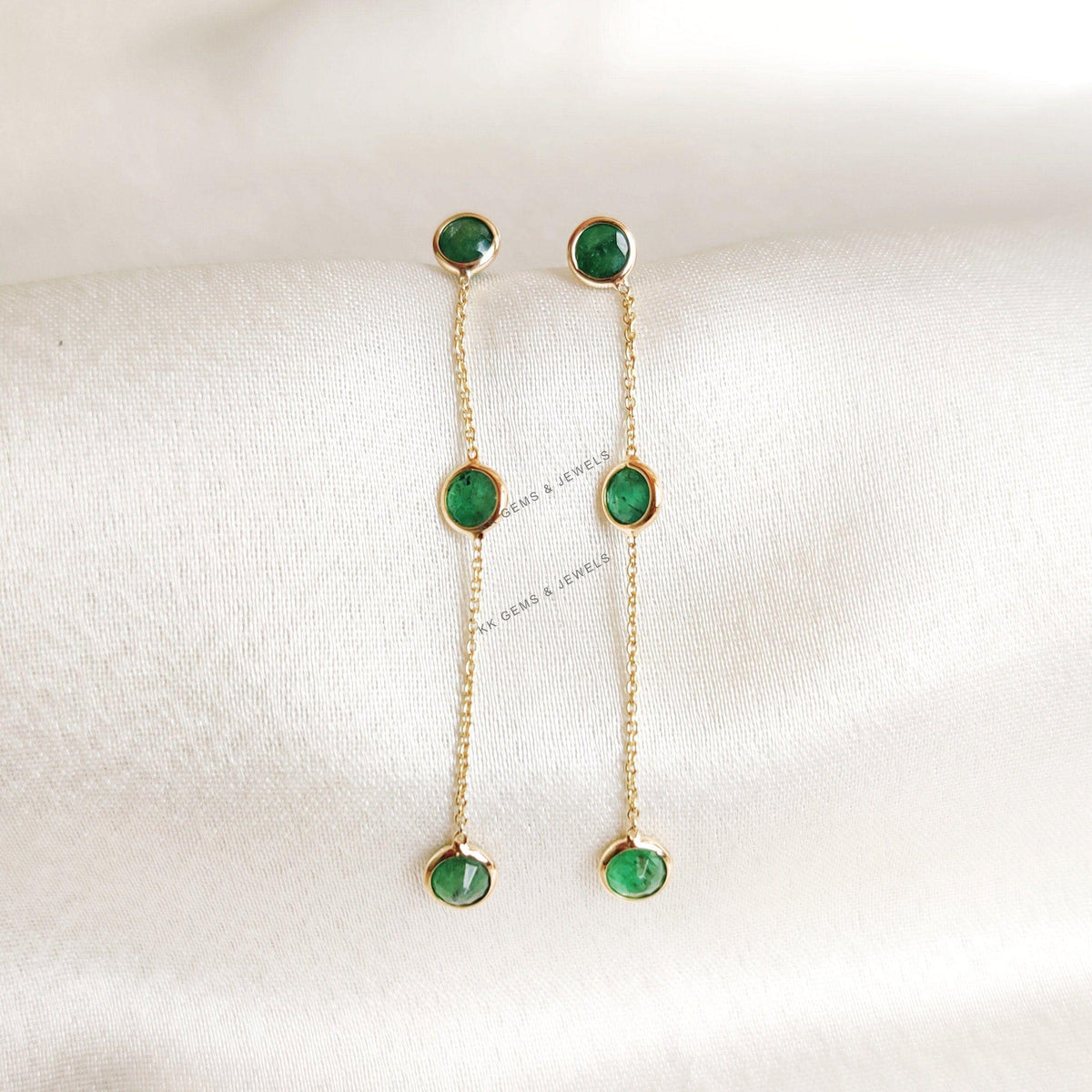 14K Solid Yellow Gold Natural Emerald Drop Earrings, May Birthstone Danglers, Christmas Present
