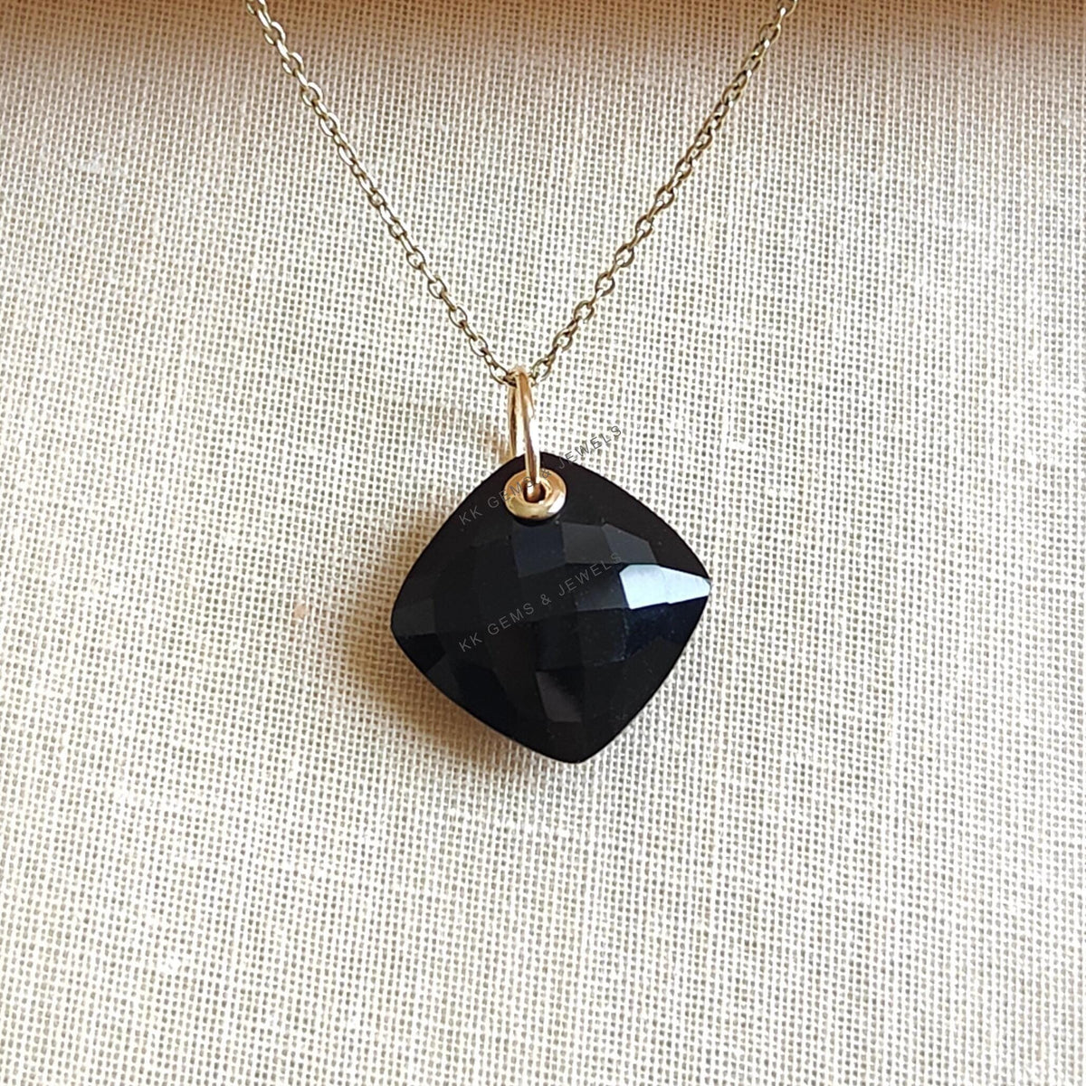 14K Solid Gold Natural Black Onyx Pendant: Square Cushion Cut, December Birthstone