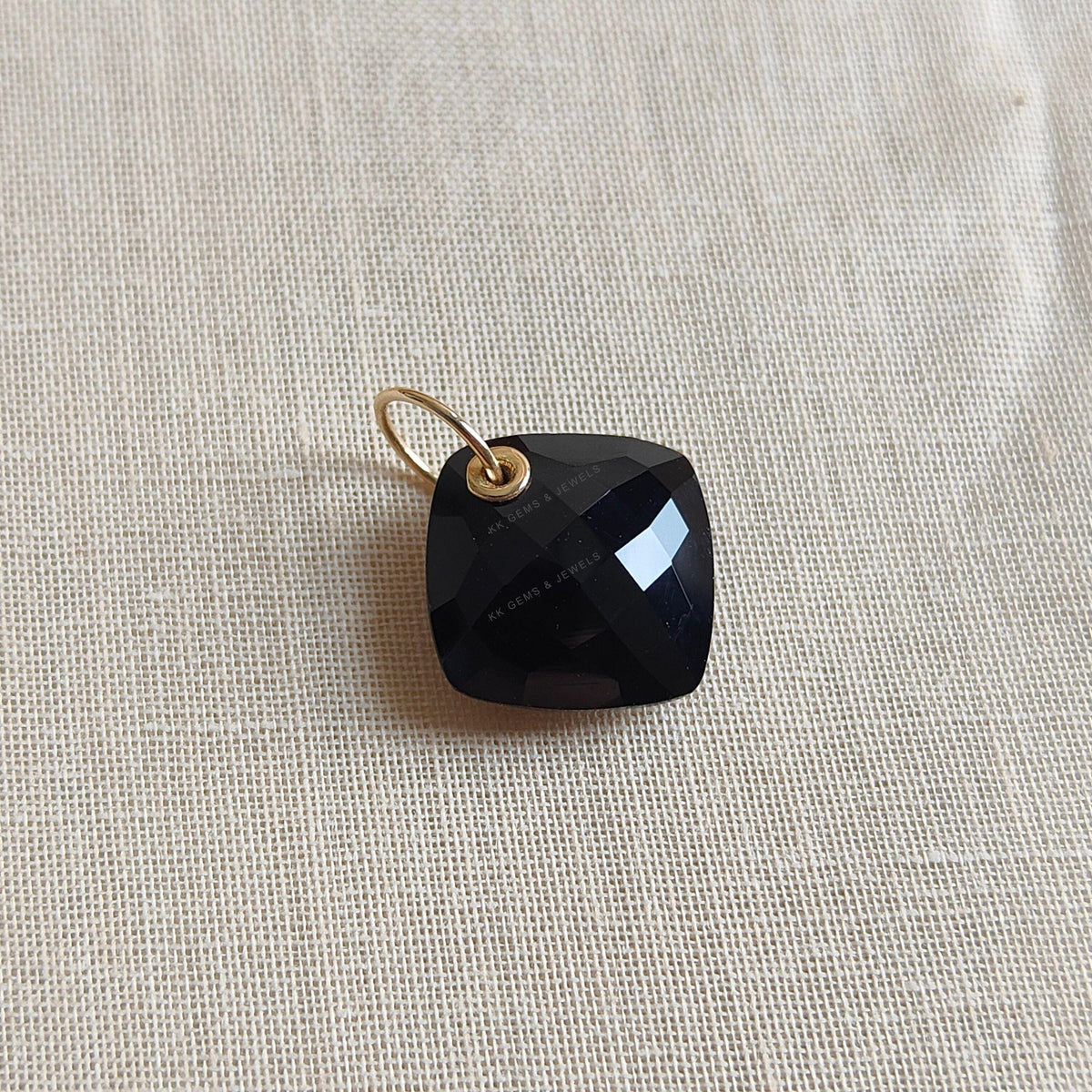 14K Solid Gold Natural Black Onyx Pendant: Square Cushion Cut, December Birthstone