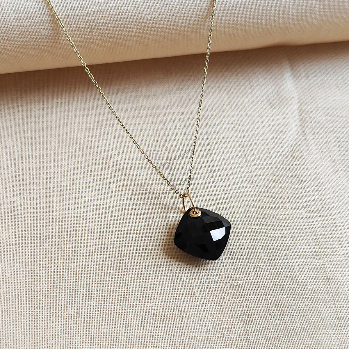 14K Solid Gold Natural Black Onyx Pendant: Square Cushion Cut, December Birthstone