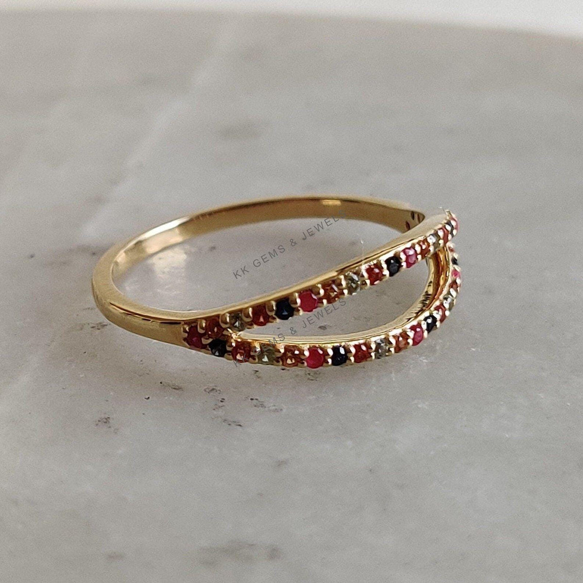 14K Solid Yellow Gold Natural Multi Sapphire Ring, September Birthstone Jewelry