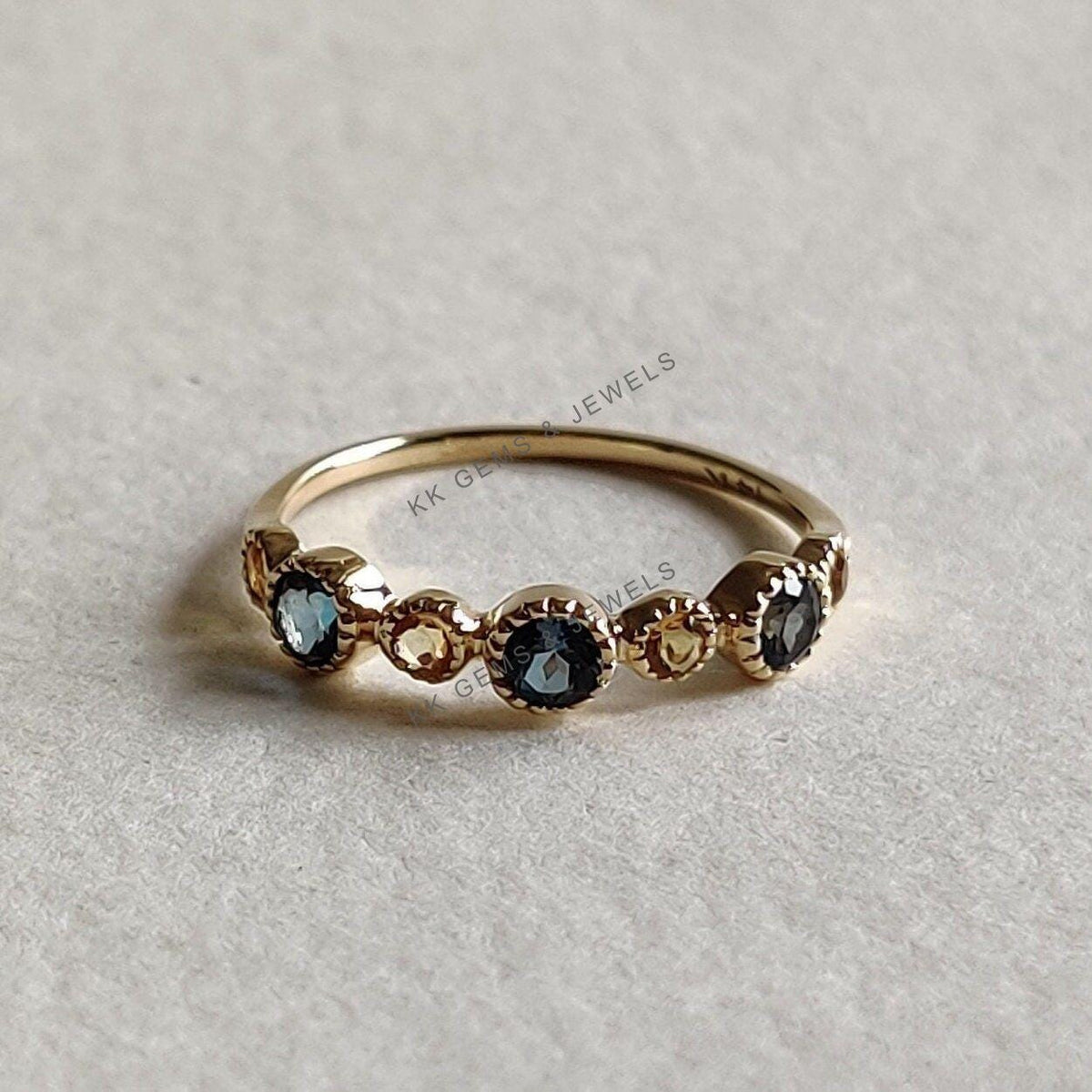 Natural London Blue Topaz & Citrine 14K Solid Gold Ring, Dainty Gemstone Stackable Ring
