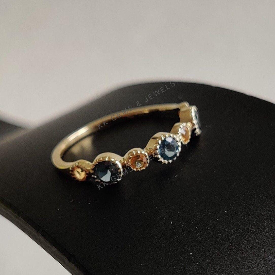 Natural London Blue Topaz & Citrine 14K Solid Gold Ring, Dainty Gemstone Stackable Ring