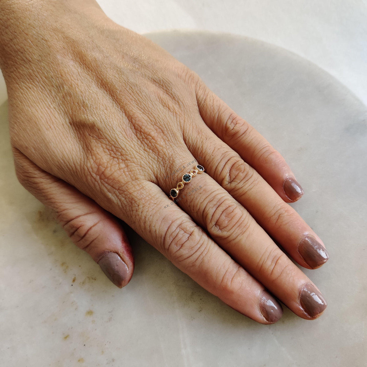 Natural London Blue Topaz & Citrine 14K Solid Gold Ring, Dainty Gemstone Stackable Ring