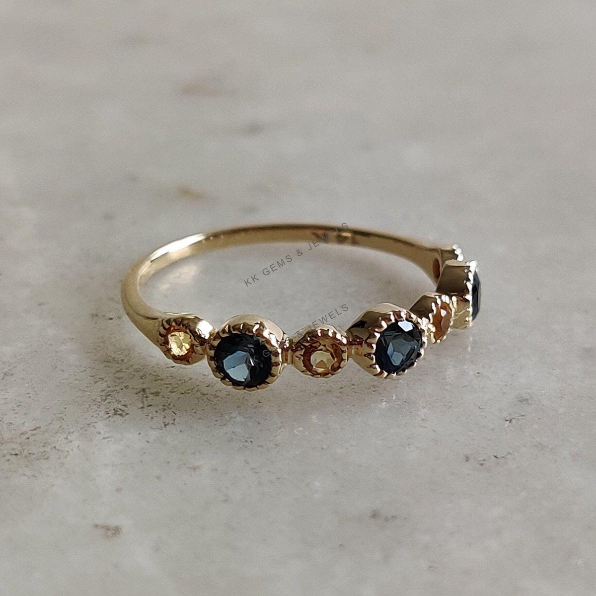 Natural London Blue Topaz & Citrine 14K Solid Gold Ring, Dainty Gemstone Stackable Ring