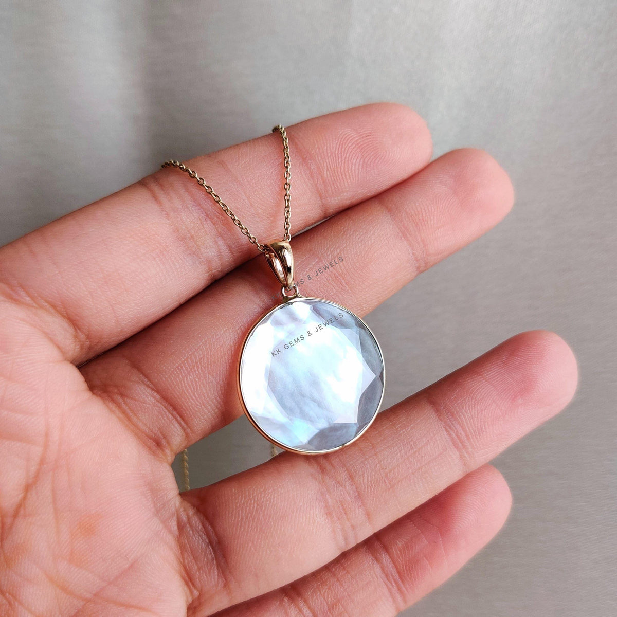 14K Solid Gold Natural Mother of Pearl Pendant - June Birthstone, Christmas Gift