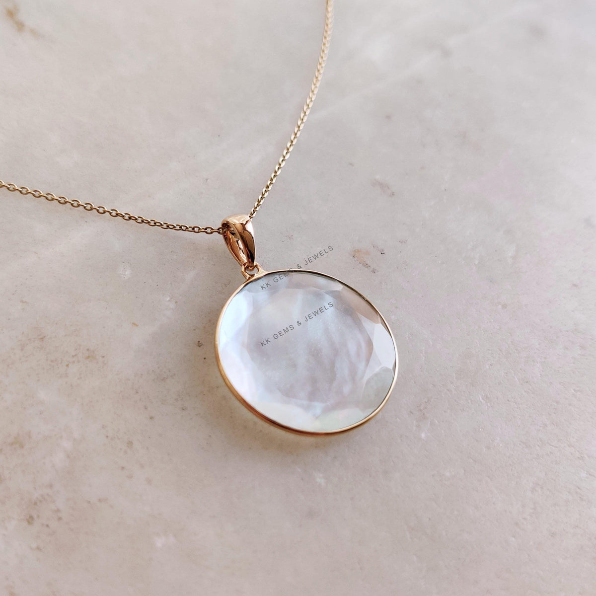 14K Solid Gold Natural Mother of Pearl Pendant - June Birthstone, Christmas Gift