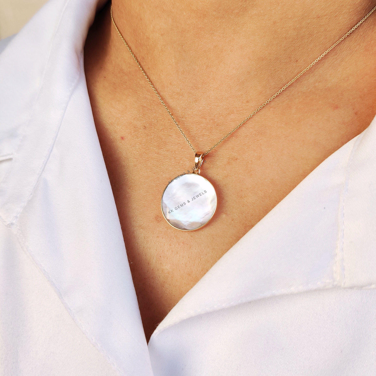 14K Solid Gold Natural Mother of Pearl Pendant - June Birthstone, Christmas Gift