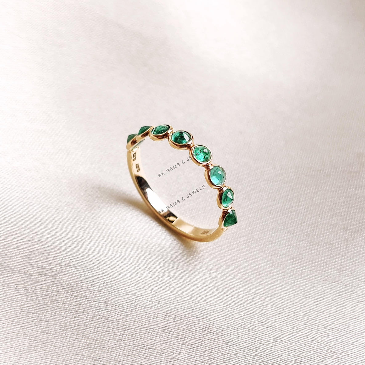 Natural Emerald & Diamond Ring, 14K Solid Yellow Gold, Half Eternity Ring