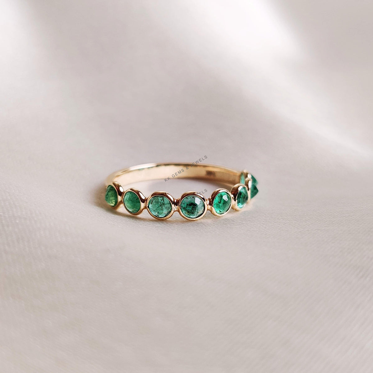 Natural Emerald & Diamond Ring, 14K Solid Yellow Gold, Half Eternity Ring