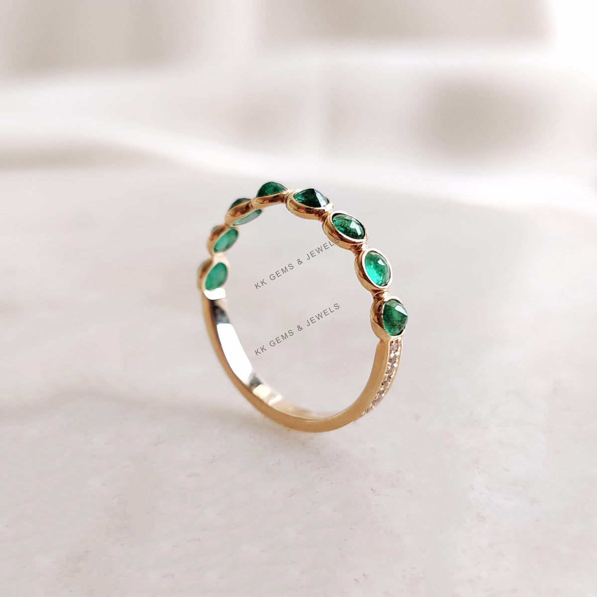 Natural Emerald & Diamond Ring, 14K Solid Yellow Gold, Half Eternity Ring
