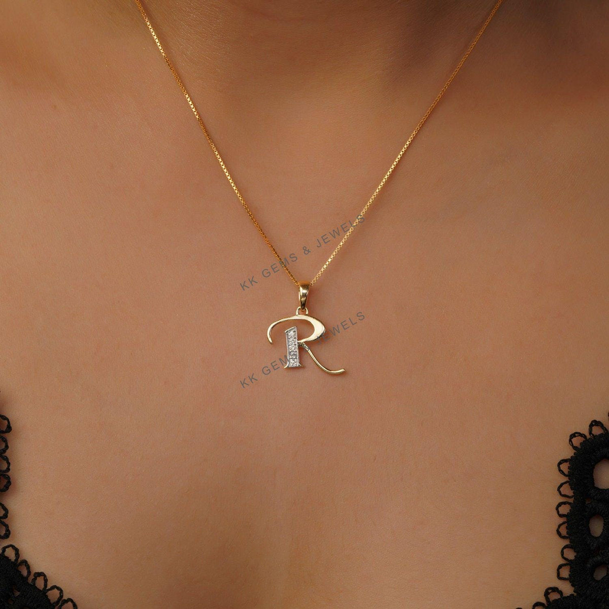 14K Solid Gold Initial R Diamond Pendant - Yellow Gold Charm