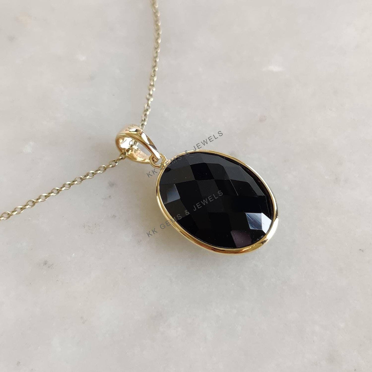 14K Solid Yellow Gold Natural Black Onyx Pendant Pendant, December Birthstone, Christmas Present