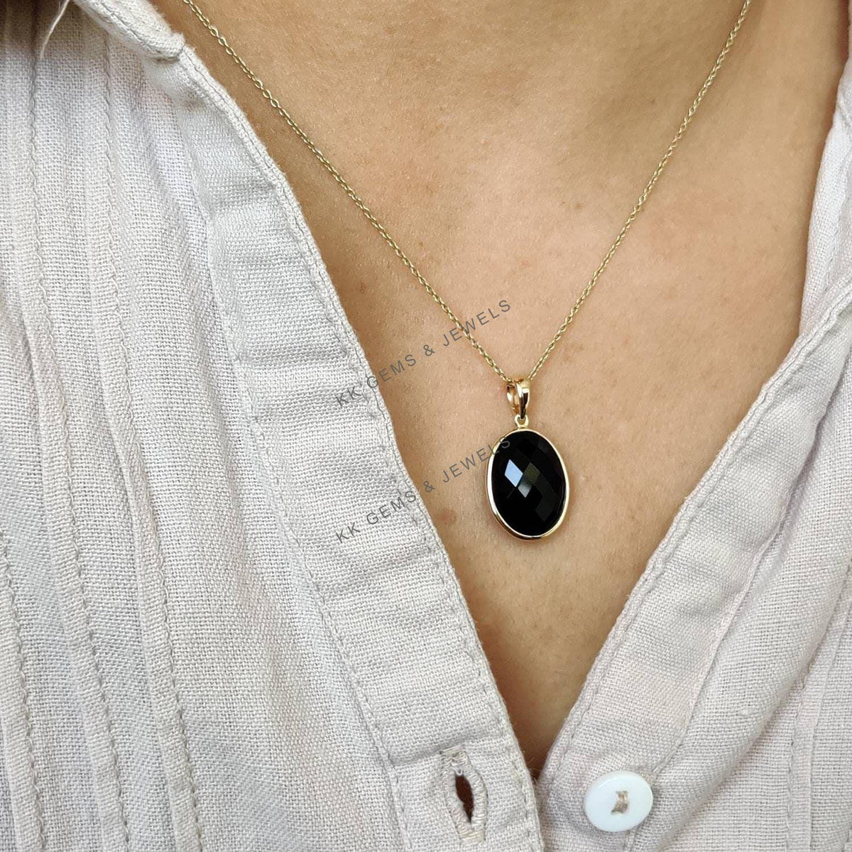 14K Solid Yellow Gold Natural Black Onyx Pendant Pendant, December Birthstone, Christmas Present