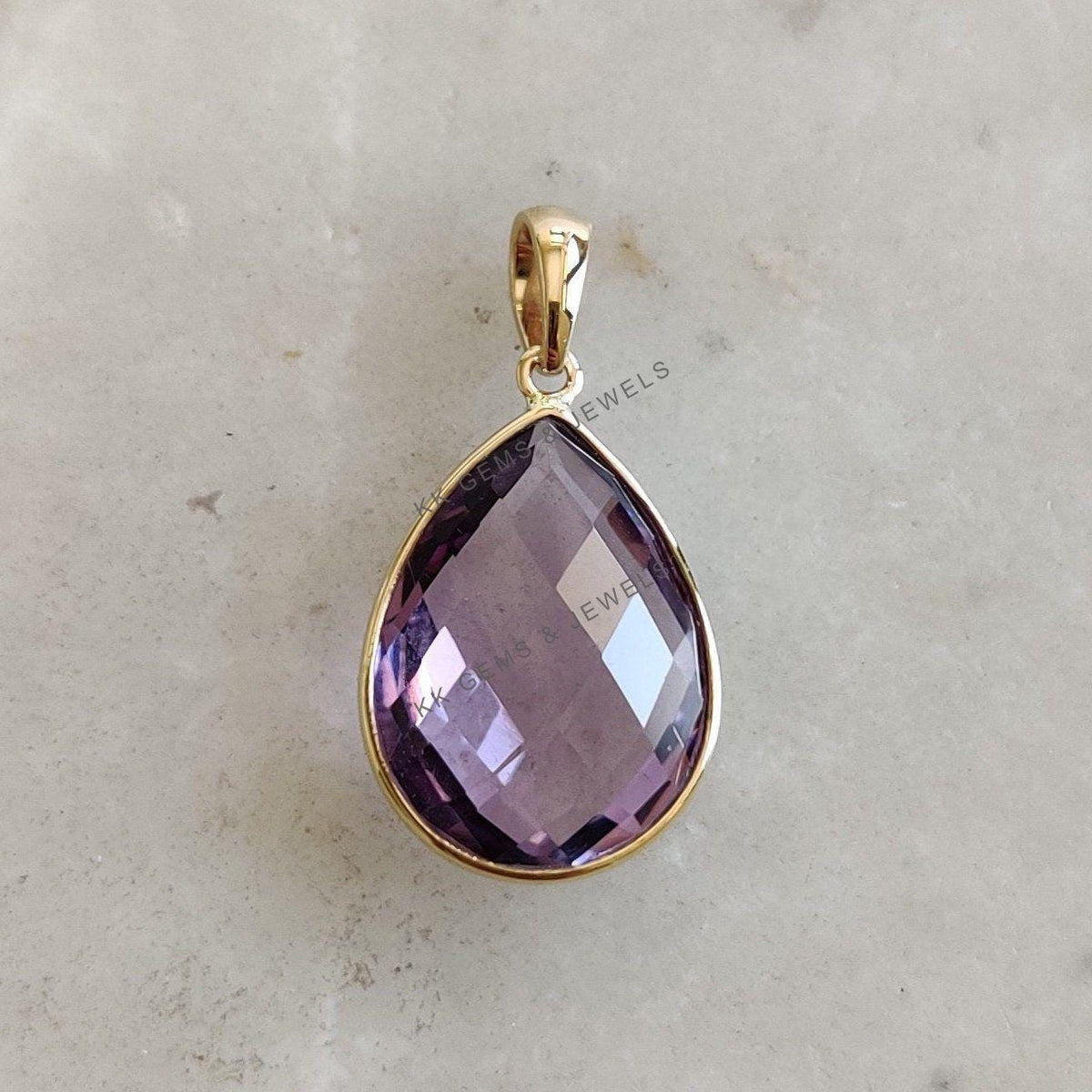 Natural Pink Amethyst Pendant, 14K Solid Yellow Gold, February Birthstone