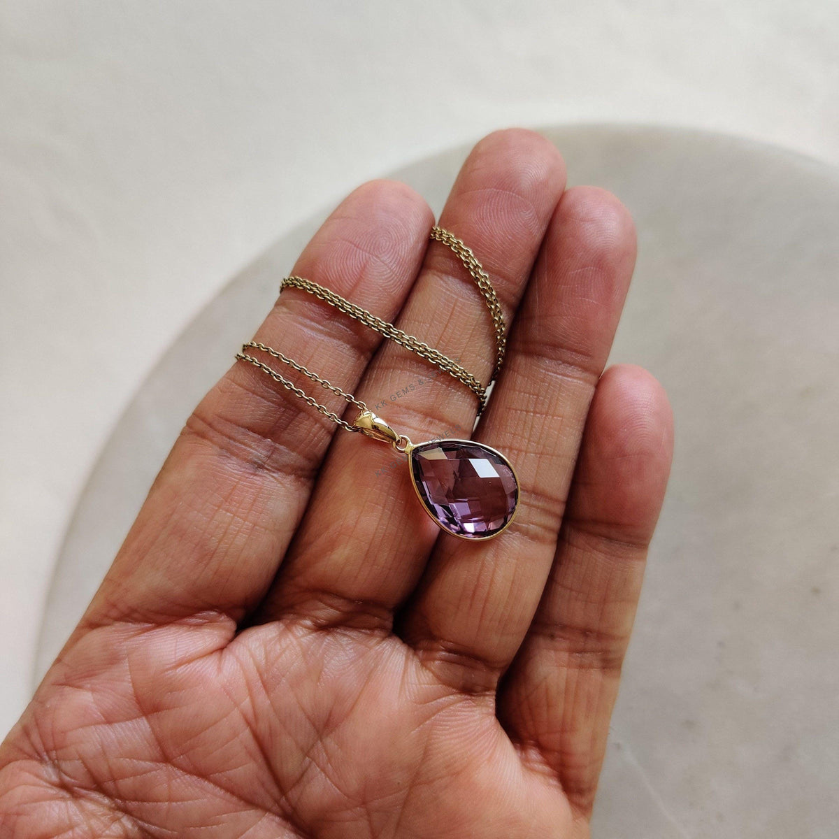 Natural Pink Amethyst Pendant, 14K Solid Yellow Gold, February Birthstone