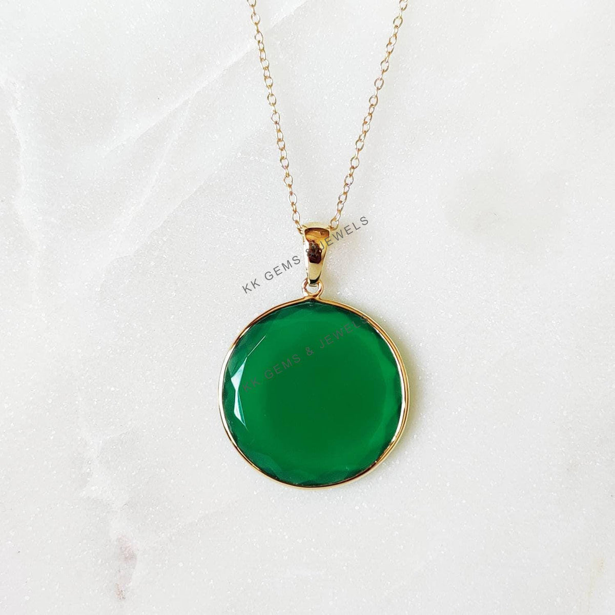 14K Solid Gold Natural Green Onyx Round Pendant, May Birthstone