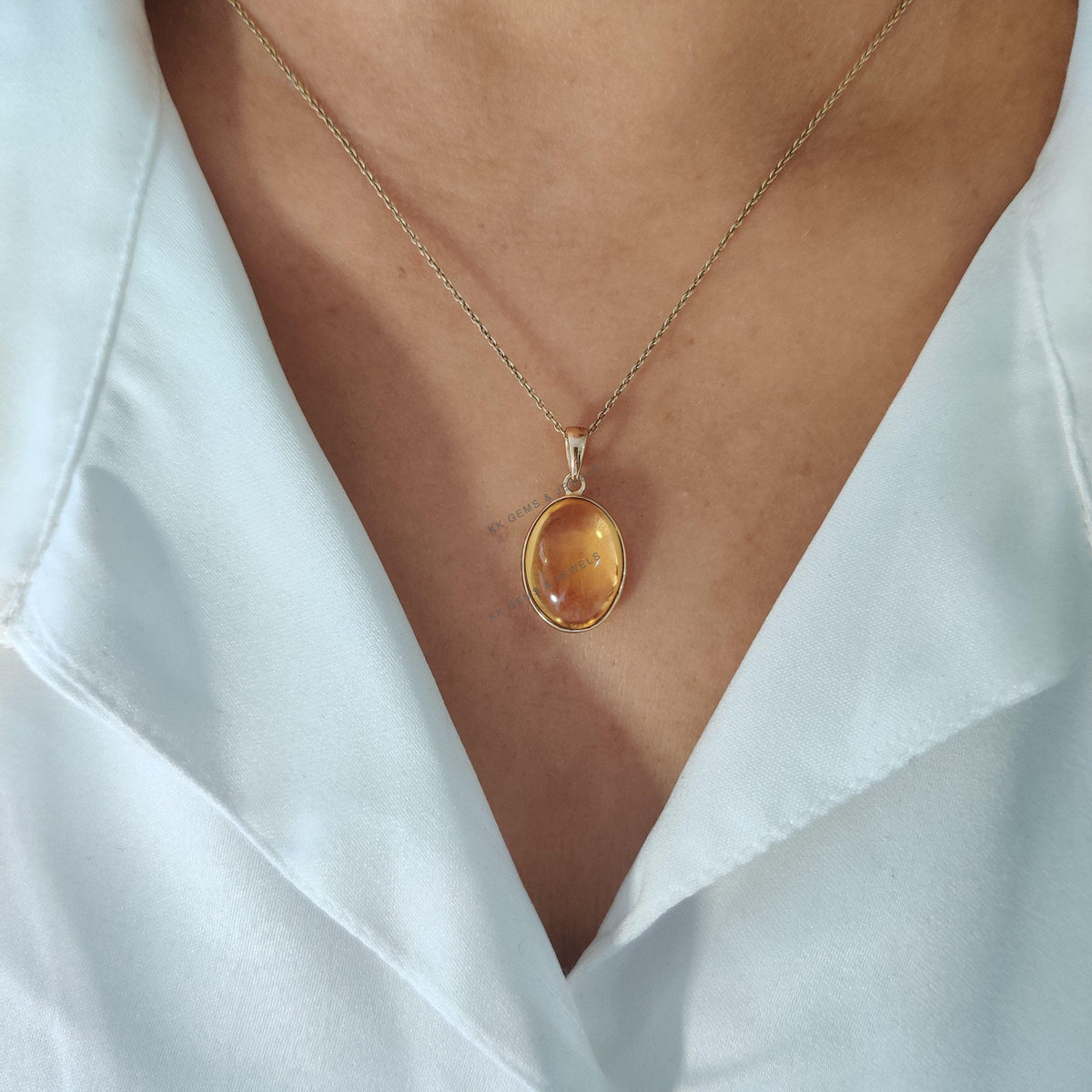 14K Solid Yellow Gold Natural Citrine Oval Bezel Pendant, November Birthstone