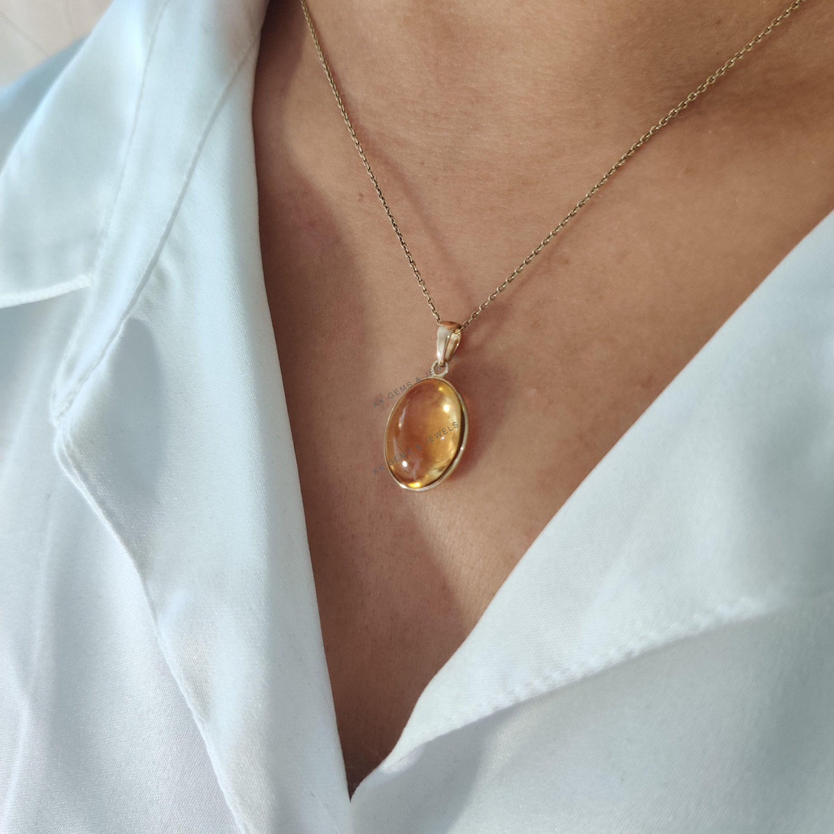 14K Solid Yellow Gold Natural Citrine Oval Bezel Pendant, November Birthstone