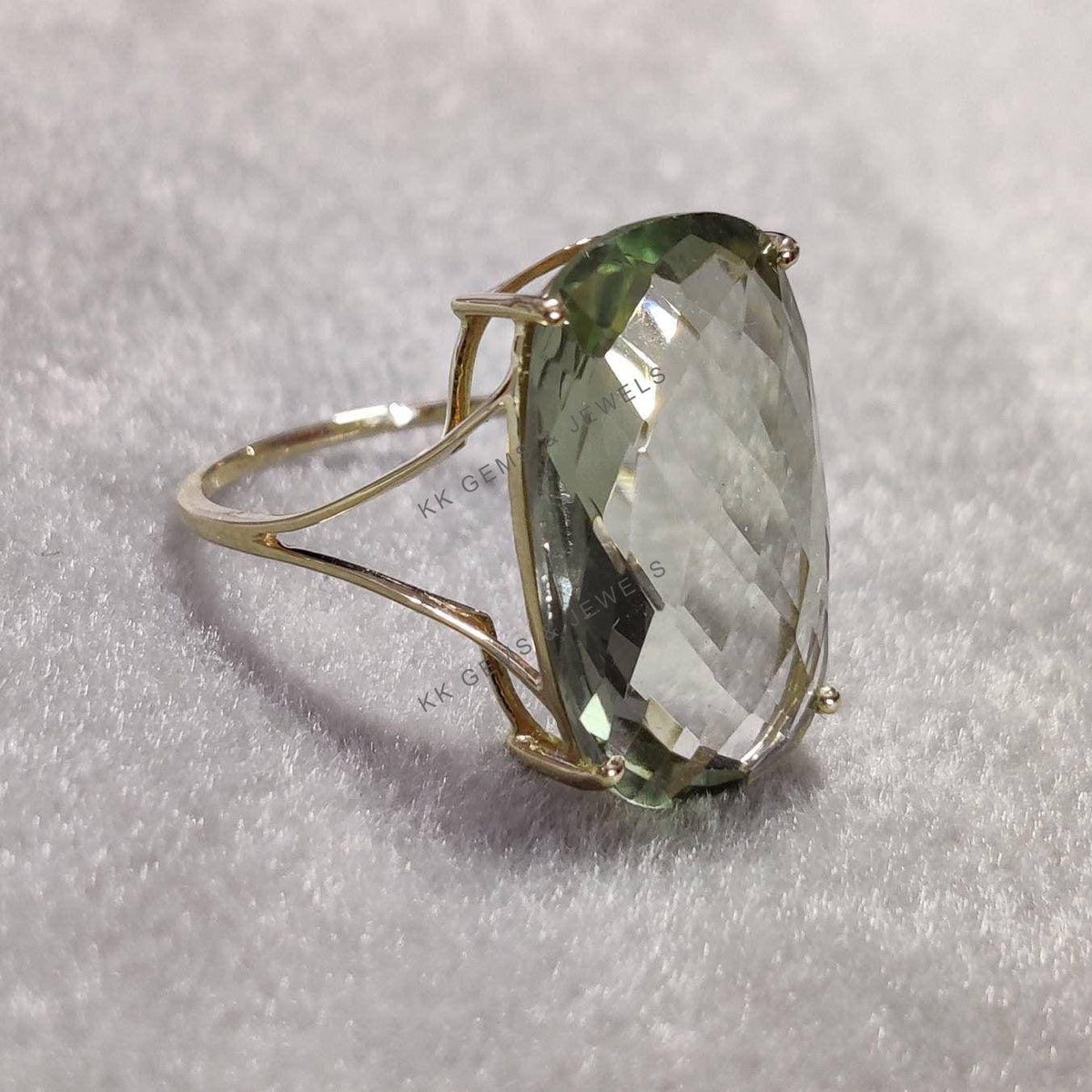 Natural Green Amethyst Ring, 14K Solid Yellow Gold, February Birthstone