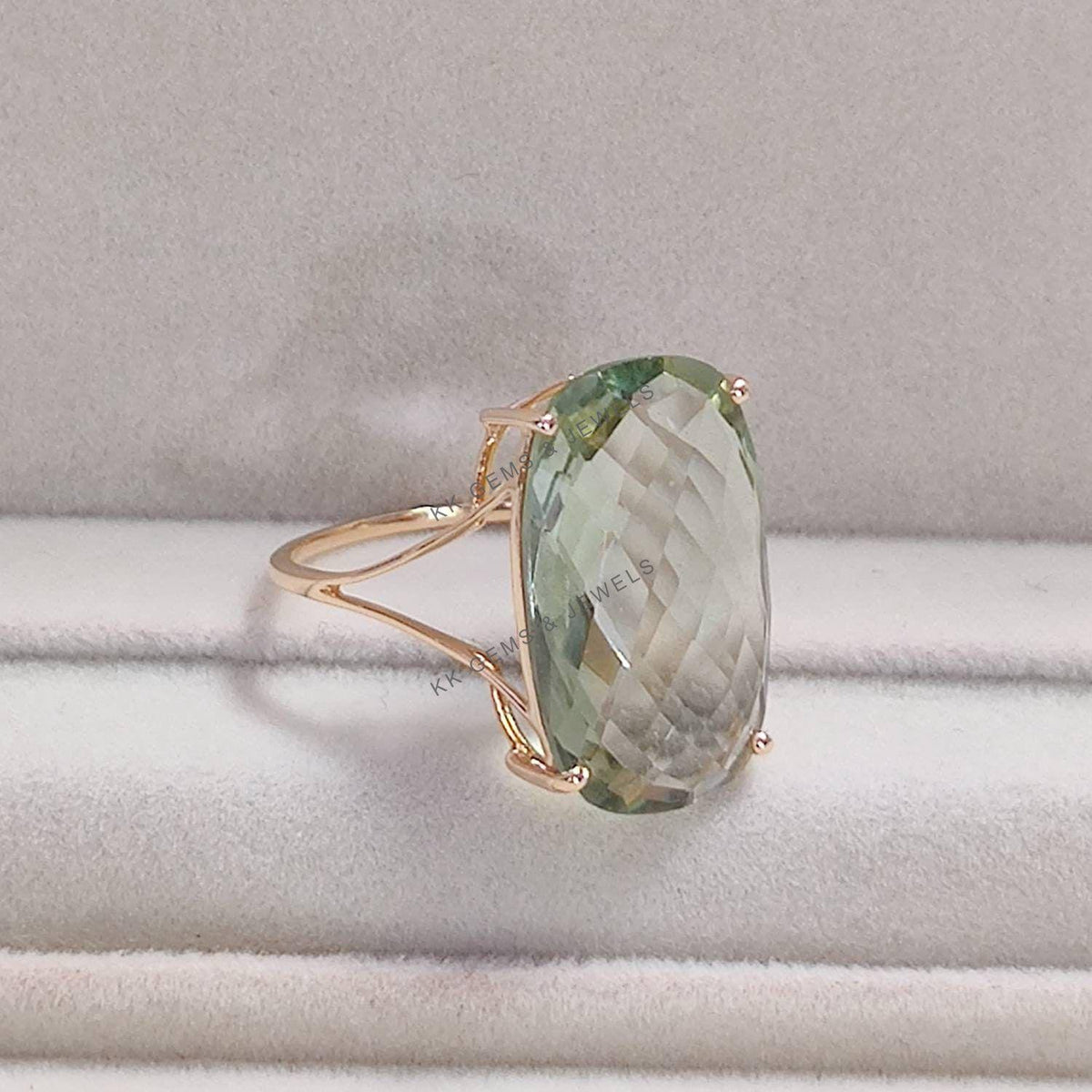 Natural Green Amethyst Ring, 14K Solid Yellow Gold, February Birthstone
