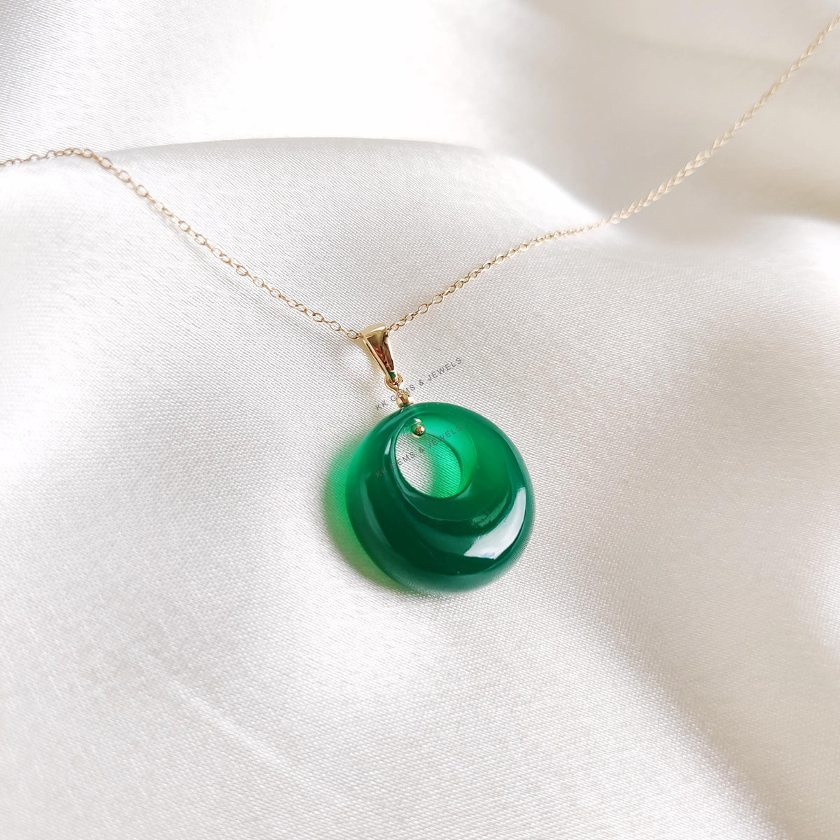 Natural Green Onyx Donut Pendant, 14K Solid Yellow Gold May Birthstone