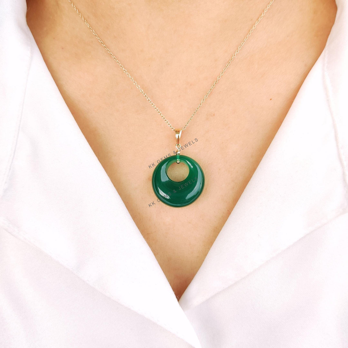 Natural Green Onyx Donut Pendant, 14K Solid Yellow Gold May Birthstone
