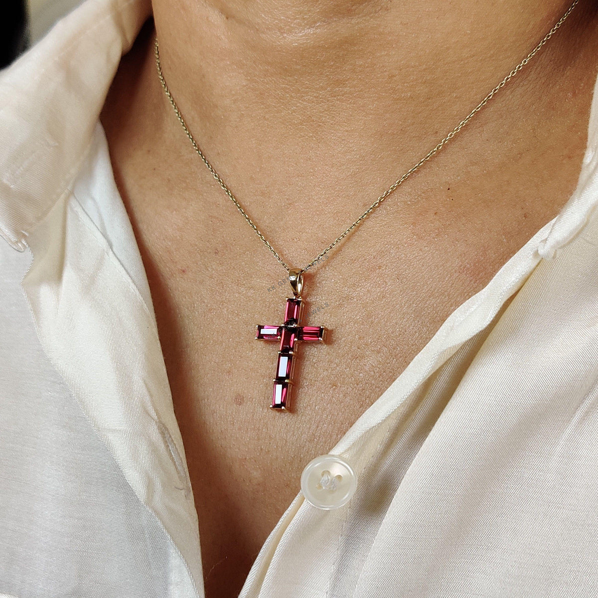 14K Solid Gold Natural Rhodolite Garnet Cross Pendant, January Birthstone, Christmas Gift