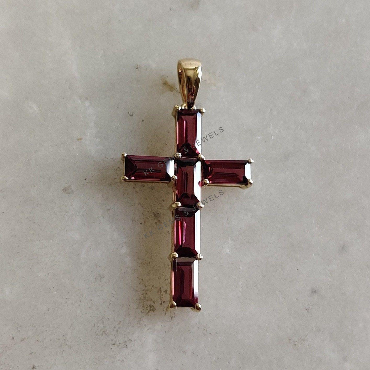 14K Solid Gold Natural Rhodolite Garnet Cross Pendant, January Birthstone, Christmas Gift