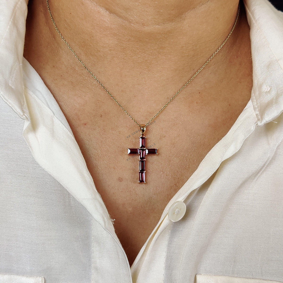 14K Solid Gold Natural Rhodolite Garnet Cross Pendant, January Birthstone, Christmas Gift
