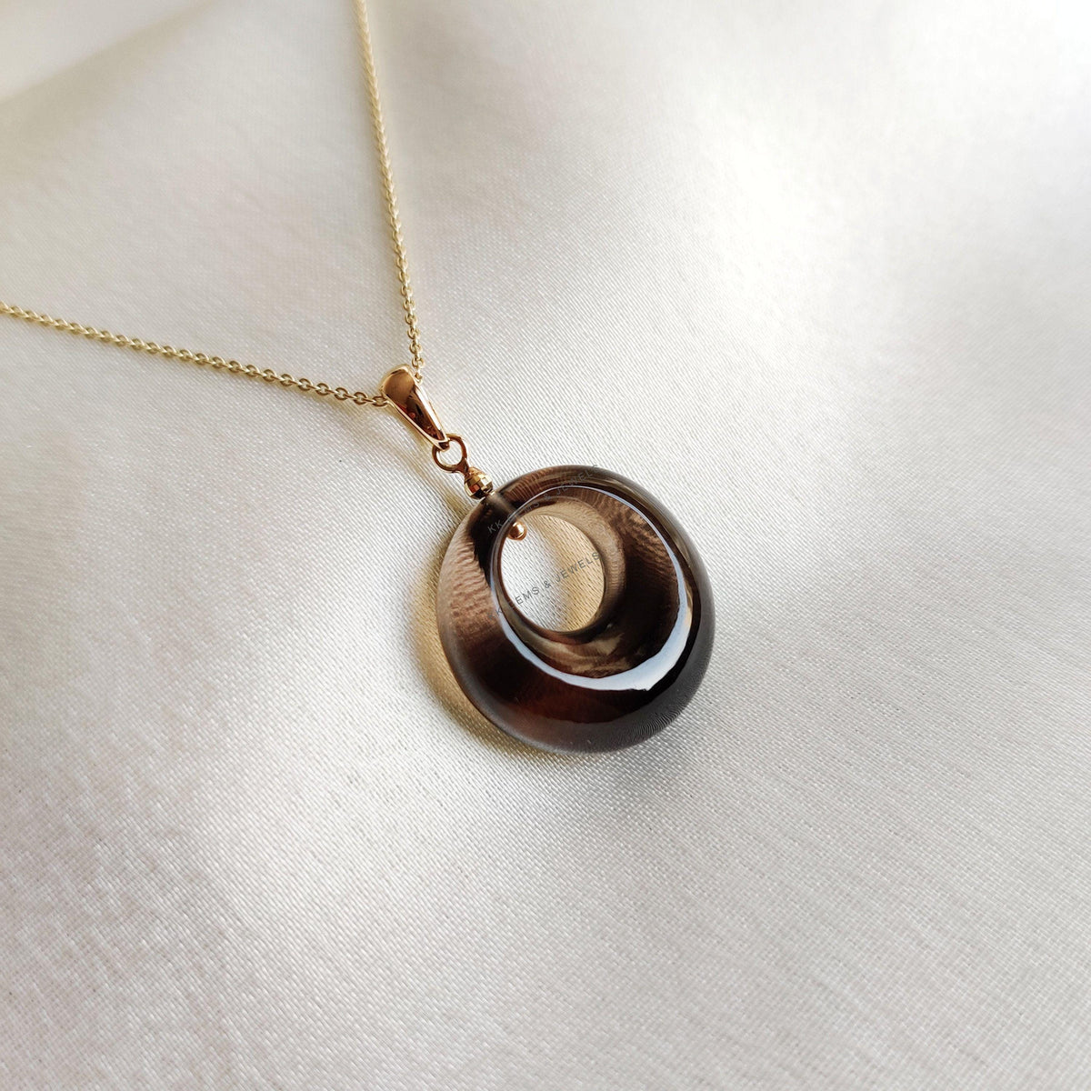 Natural Smoky Quartz Donut Drill Pendant, 14K Solid Yellow Gold, June Birthstone