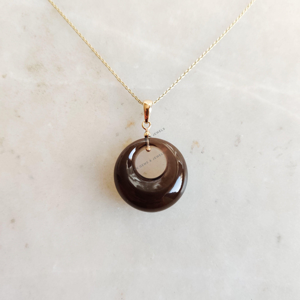 Natural Smoky Quartz Donut Drill Pendant, 14K Solid Yellow Gold, June Birthstone