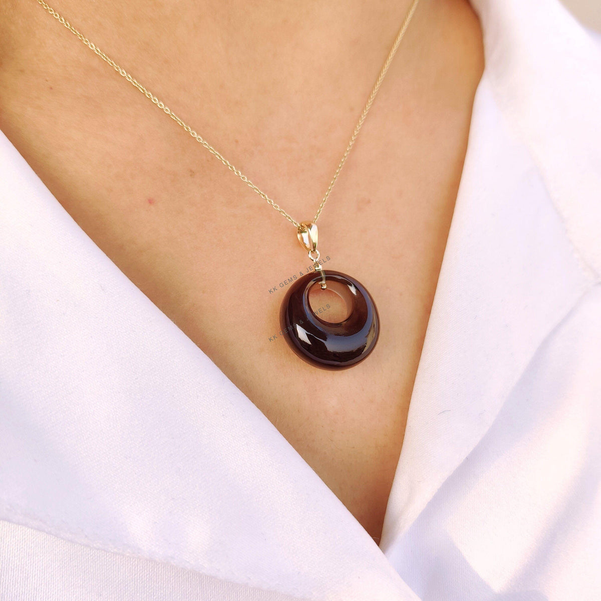 Natural Smoky Quartz Donut Drill Pendant, 14K Solid Yellow Gold, June Birthstone